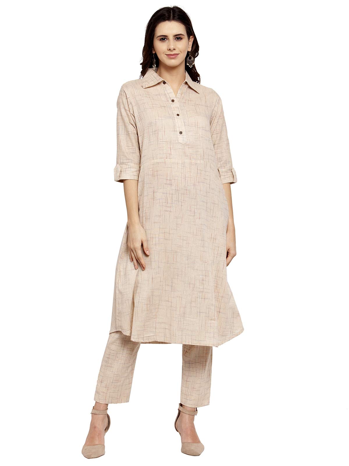 sayesha Beige Shirt Collar A-Line Cotton Kurti with Culotte-picture-30