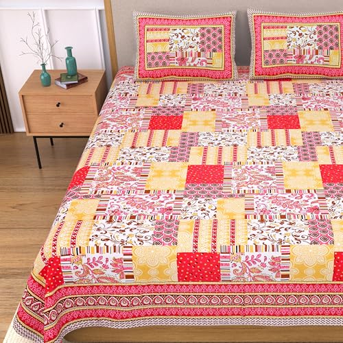 Image of India 100% Pure Cotton Jaipuri Printed Double Bedsheet with 2 Pillow Covers | Traditional Sanganeri Floral Design | Soft Breathable Fabric | King Size Bedsheet for Bedroom (Kaya36)
