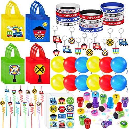 Image of Sumind 228 Pcs Train Party Favors Birthday Decoration Non Woven Goodie Bags Plastic Straws Punch Balloons Stamps Stickers Silicone Wristbands for Train themed Birthday Party Supplies