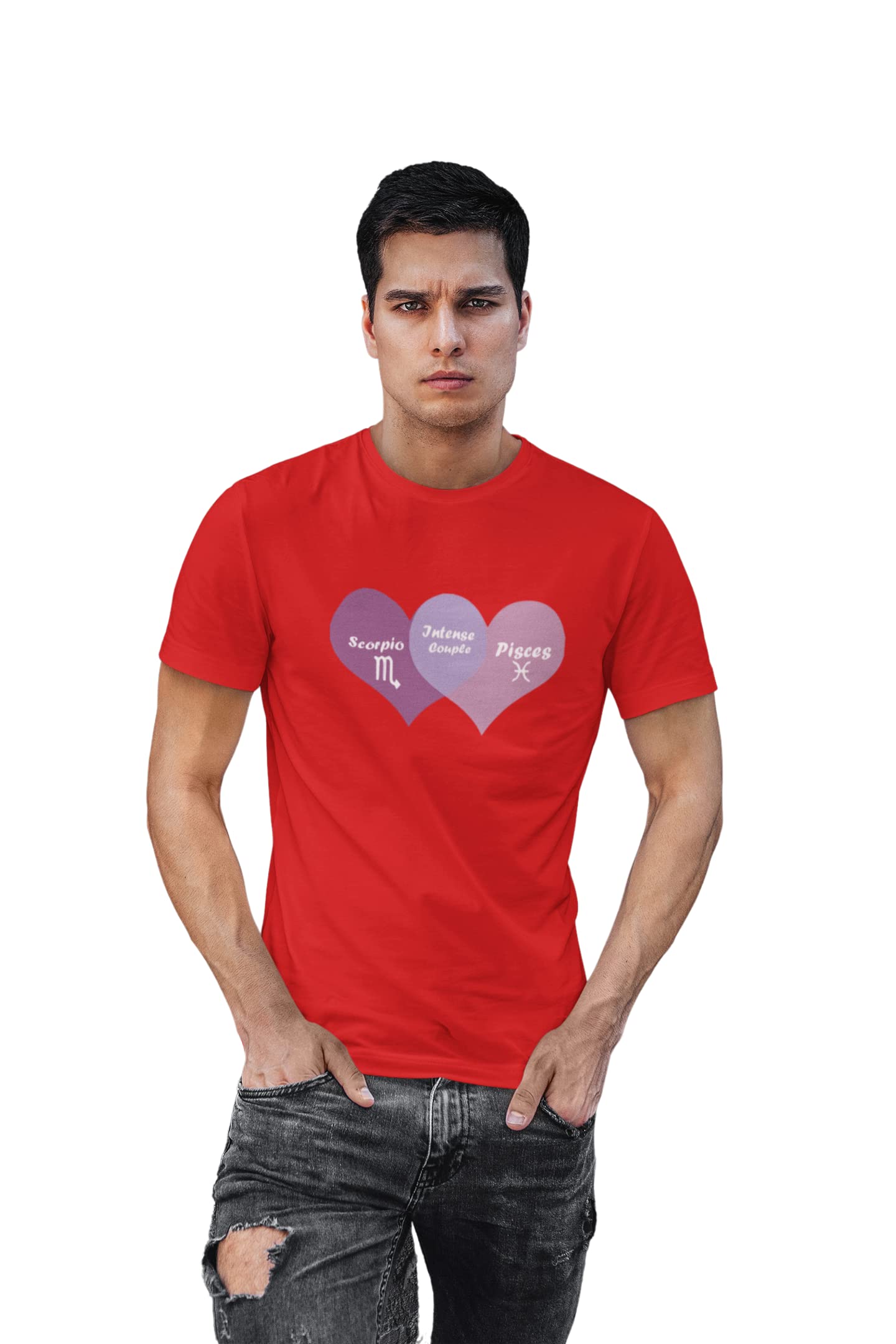 Jugaadu Style Scorpio, Pisces, Intense Couple (Red T) - Printed Zodiac Sign Tshirts - Made Especially for Astrology Lovers People