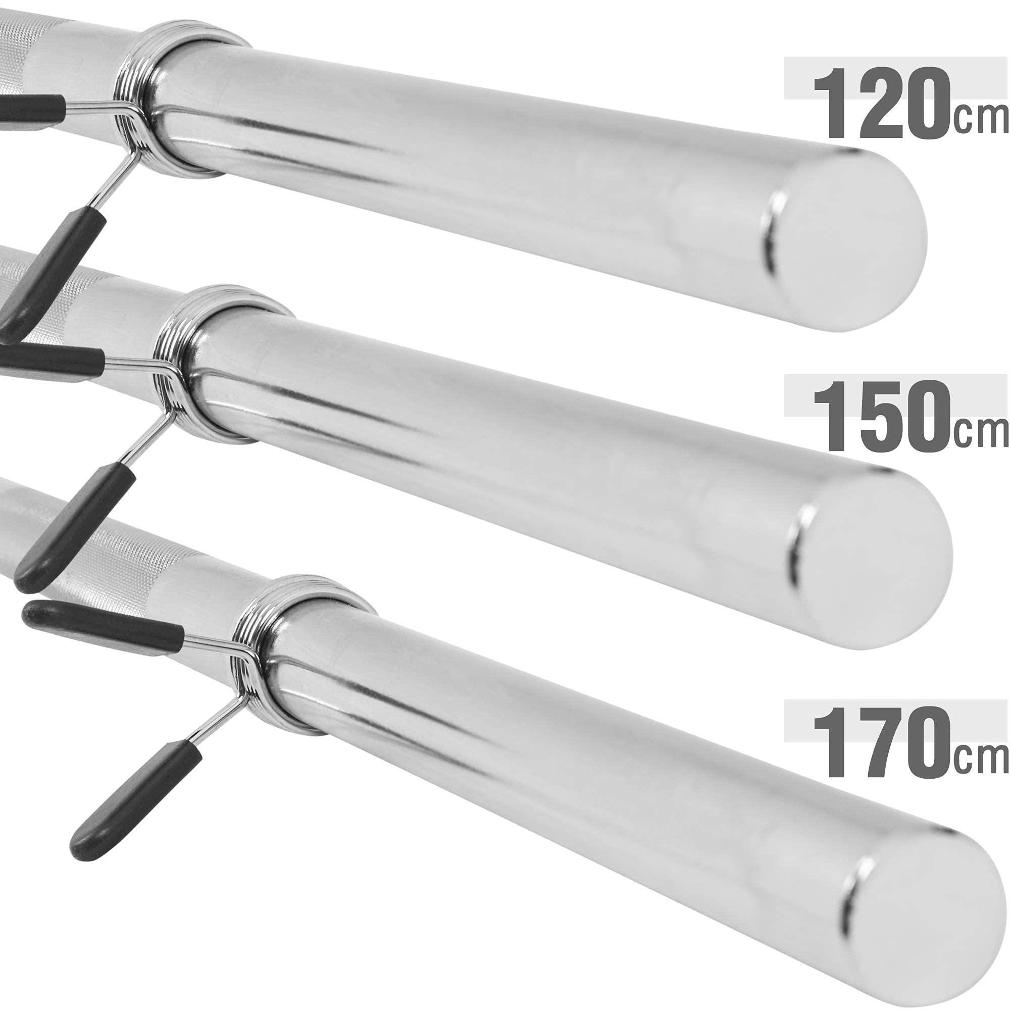 GORILLA SPORTS® Barre d'haltère longue - Diamètre : 30 mm - Longueur : 120 cm / 150 cm / 170 cm - Avec 2 fermetures à ressort, charge jusqu'à 200 kg - Chromé