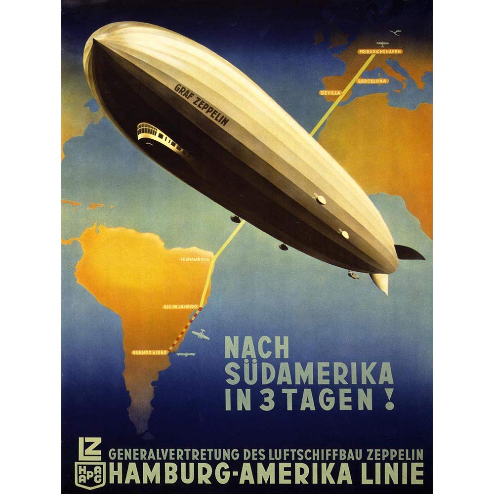 Wee Blue Coo Travel Tourism Airship Zeppelin Germany South America Art Print Poster Wall Decor 12X16 Inch