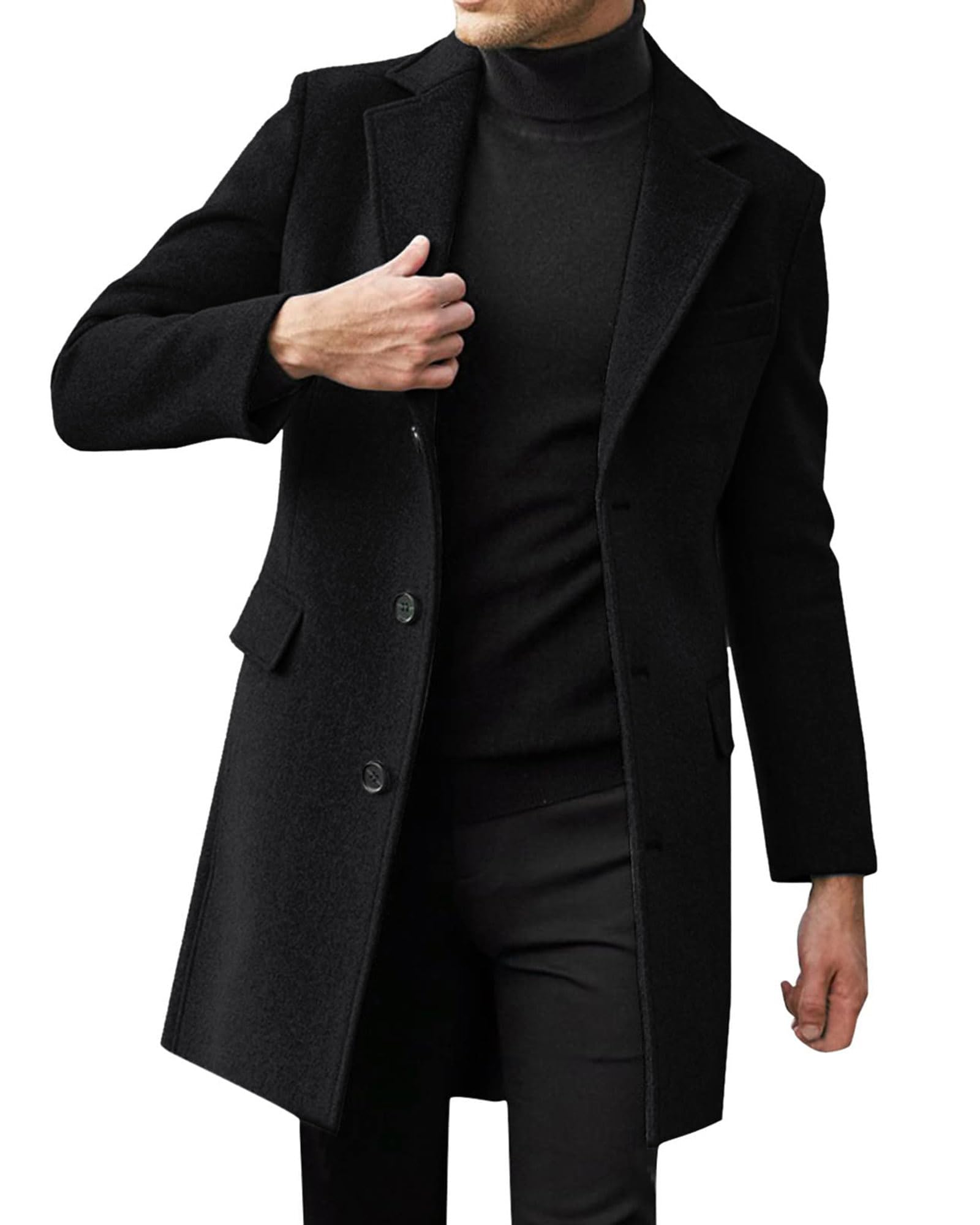 Mens Single Breasted Trench Coat Pea Coat Notch Lapel Long Casual Overcoat
