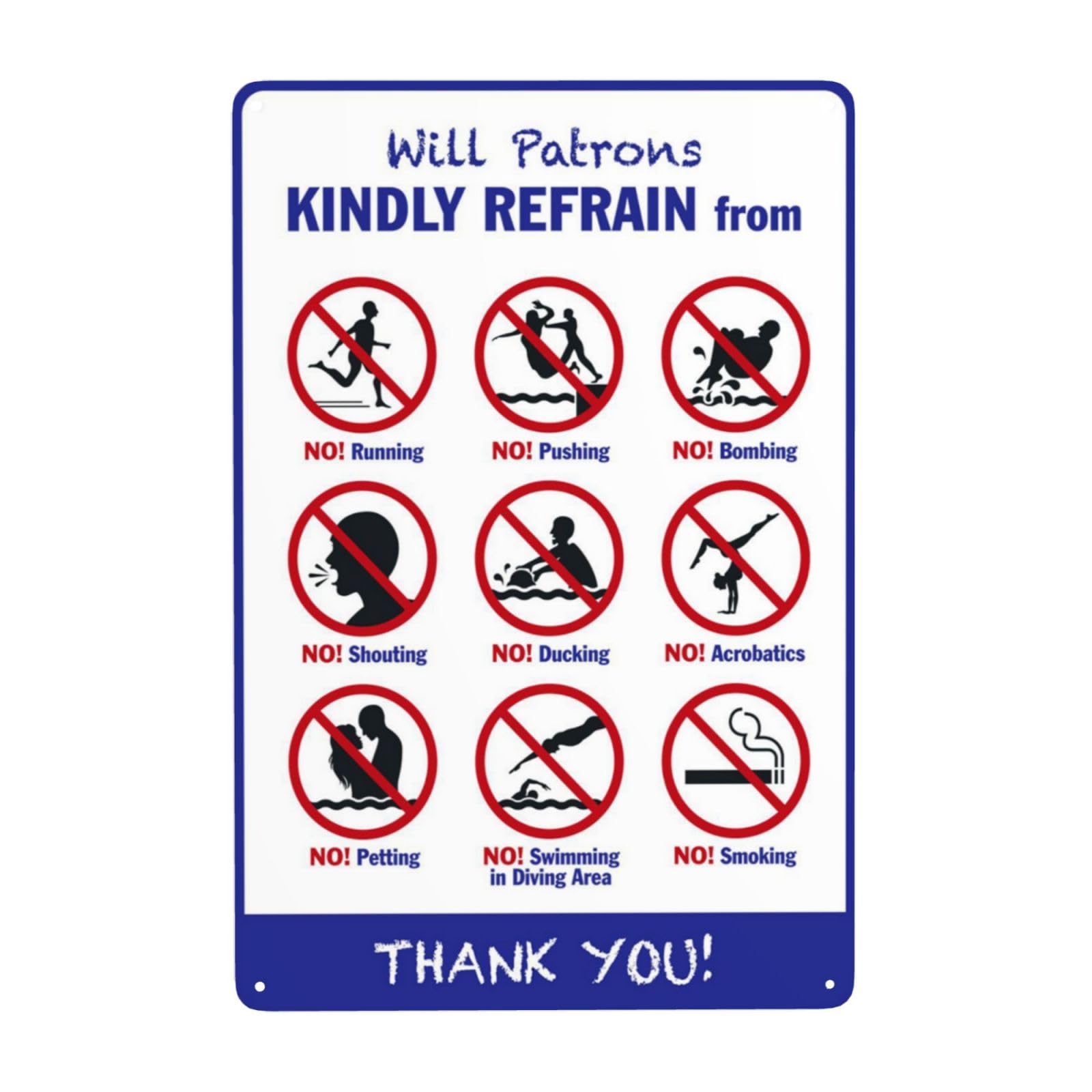 Vintage Metal Tin Sign, No Running Pushing Or Smoking Pool Rule Decor, 8x12 Inch