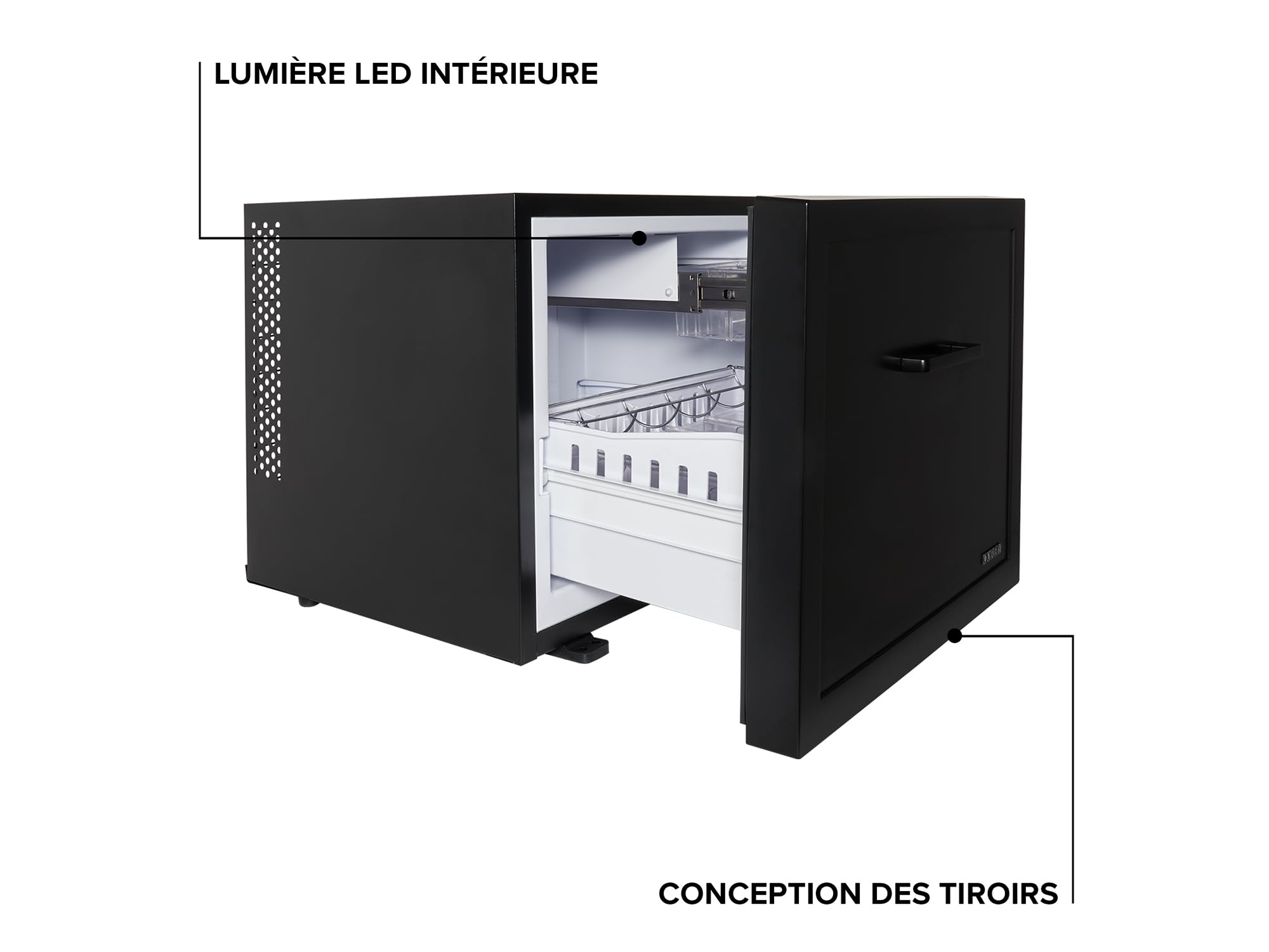 Corby Henley minibar à tiroir 45 L silencieux avec rangement réglable et éclairage LED, noir, prise britannique