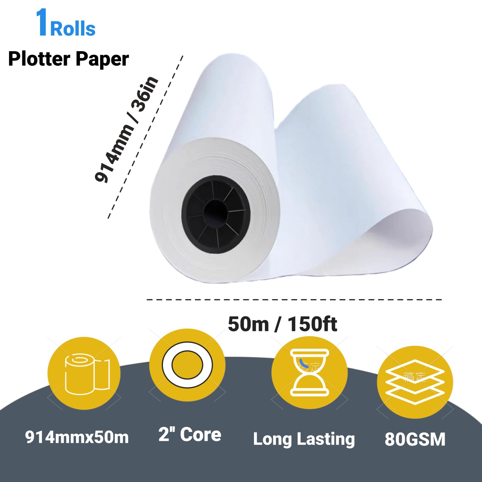 Carta per plotter di alta qualità di ampio formato, 914 mm x 50 m, ideale per disegni CAD, piani di ingegneria, mappe GIS e progetti architettonici (1 rotolo, nucleo da 5,1 cm)