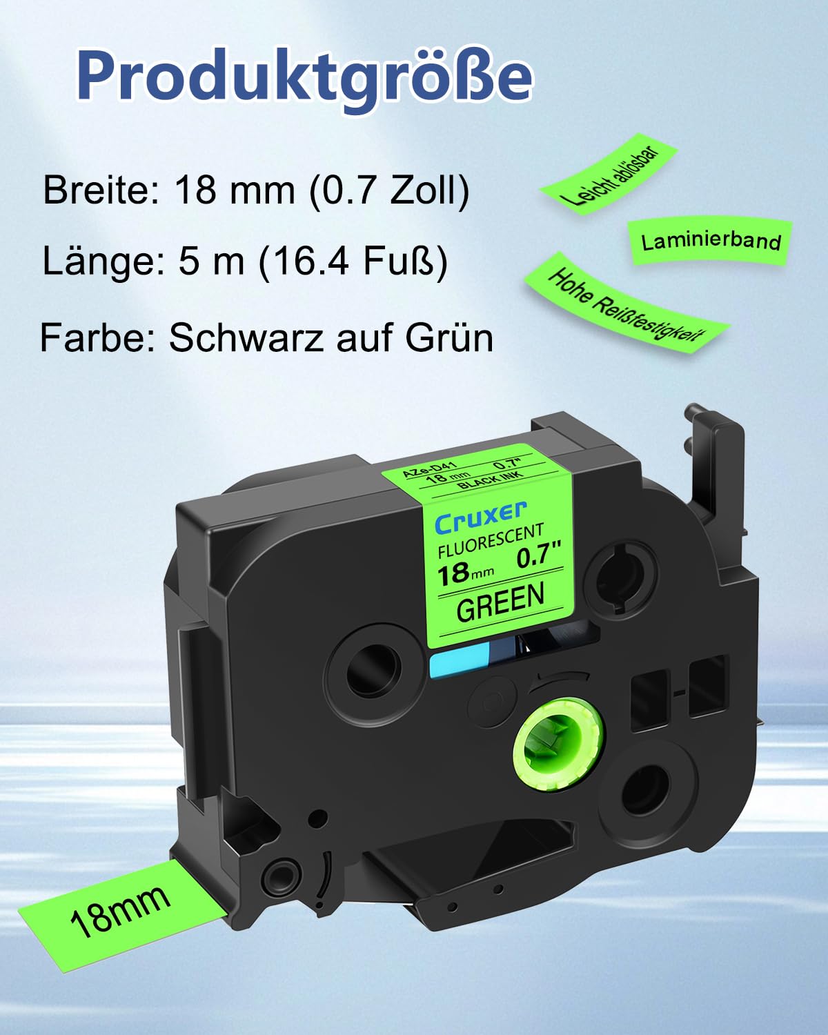 Cruxer 20er-Pack Kompatibel mit P-touch TZe-D41 18 mm Schwarz auf Grün | TZeD41 Fluoreszierendes Laminiertes Etikettenband Ersatz für Ptouch PT-1300 2030 300 D400AD E500 E550W Etikettendrucker