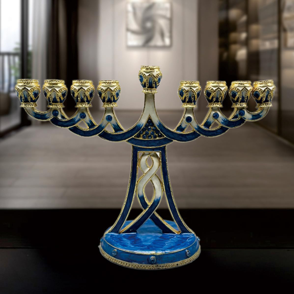 GALPADA Candeliere Hanukkah in Metallo Blu a 9 Braccia, Design Vintage Delicato e Multifunzionale, Stabile, per Cerimonie Religiose e Camere da Letto
