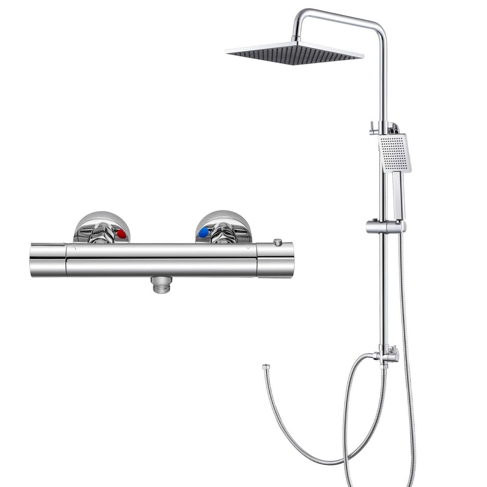 DERW Adjustable Shower Kit with Thermostatic Shower Mixer Valve, 10" Square Rainfall Shower Head, Anti-Scald Safe Temperature Control, Easy Install, Leak-Proof, Modern Bathroom Upgrade (Chrome)