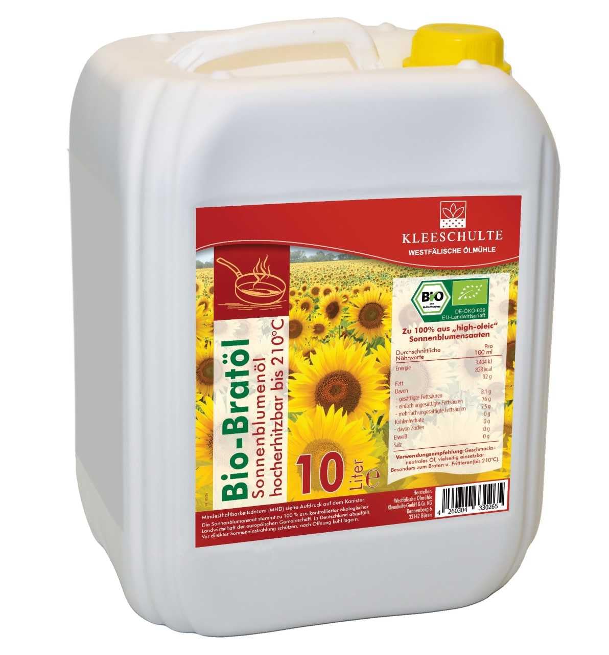 10 L. Aceite de girasol orgánico, altamente calentable para freír y freír