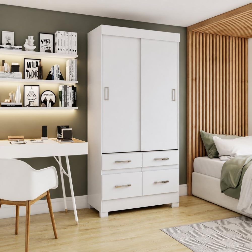Befara Armoire À Portes COULISSANTES ET 4 TIROIRS Elias, Blanc, 109,5 x 48,5 x 200,5 cm, Armoire à Portes coulissantes Blanche avec Quatre tiroirs, Barre de Suspension et étagères