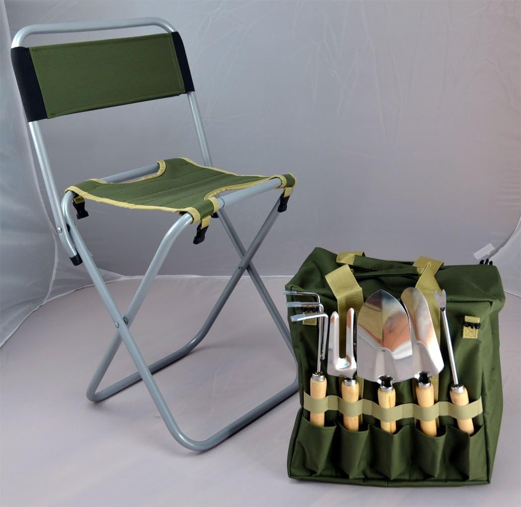 Bo-Toys - Set di 10 attrezzi da giardinaggio con borsa staccabile con cerniera e sgabello pieghevole con schienale