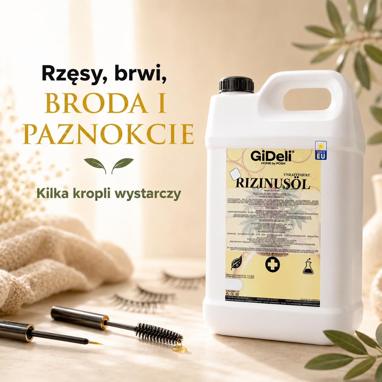 GiDeli Olej rycynowy tłoczony na zimno 2 x 5 l – czysty olej rycynowy w Ph. Eur. Jakość do włosów, rzęs i skóry – nierafinowany olejek pielęgnacyjny jako baza do kosmetyków naturalnych DIY – nie