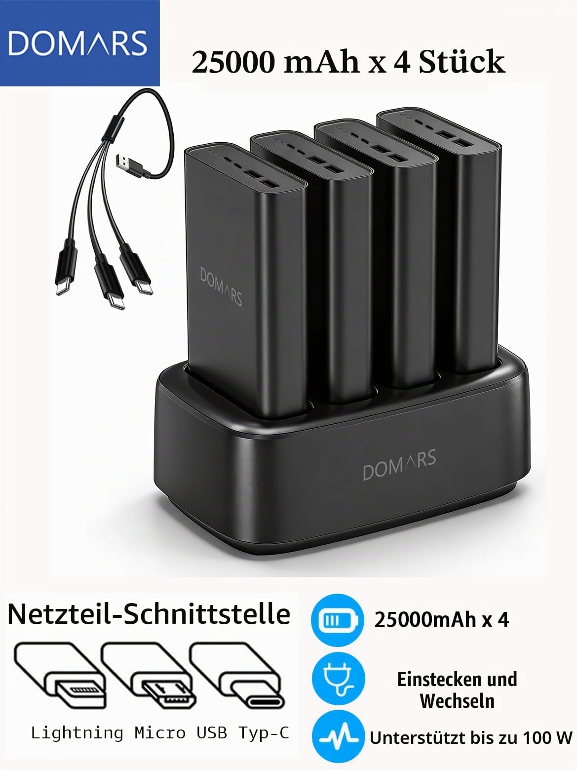 100 W USB-C PD Schnellladekabel für Laptop und Smartphone – 25000 mAh Powerbank und Ladestation für mehrere Geräte – Plug & Charge, kein QR-Code erforderlich – Ideal für Hotels, Coworking Space