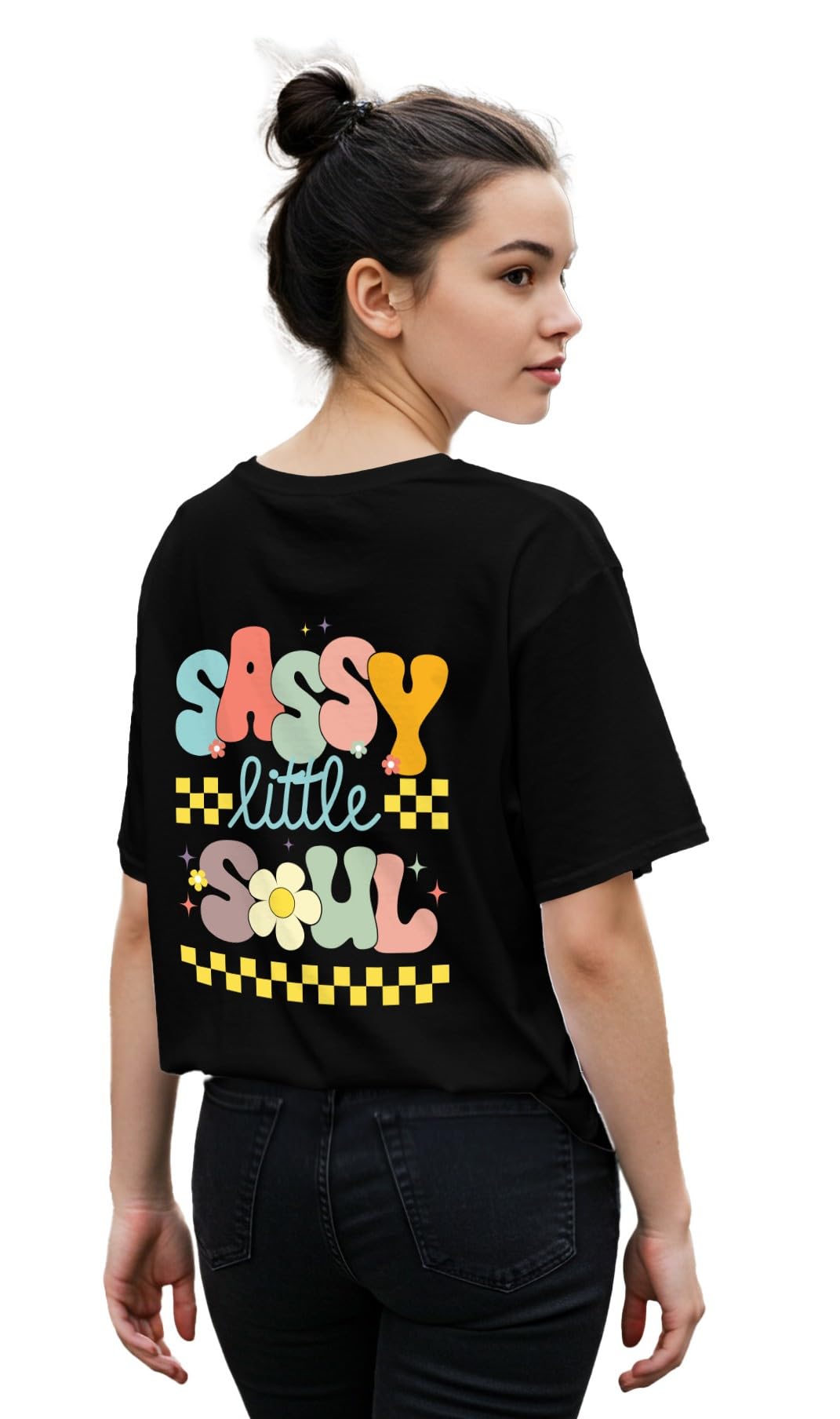 Dagcros Sassy Little Soul, maglietta oversize per ragazze, maglietta nera con stampa funky con stile grafico retrò