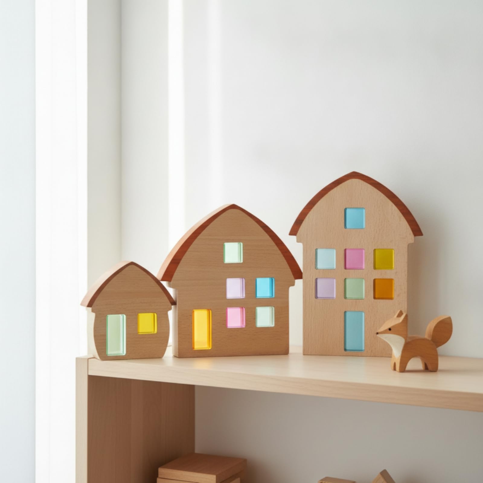 Kinder Bausteine Holz Häuser Set Bausteine Holzbausteine Holzspielzeug Deko Häuser mit Bogenförmigem Dach Und Abgerundeten Kanten aus Buche Und für Kinderzimmer Wohnzimmer Regal
