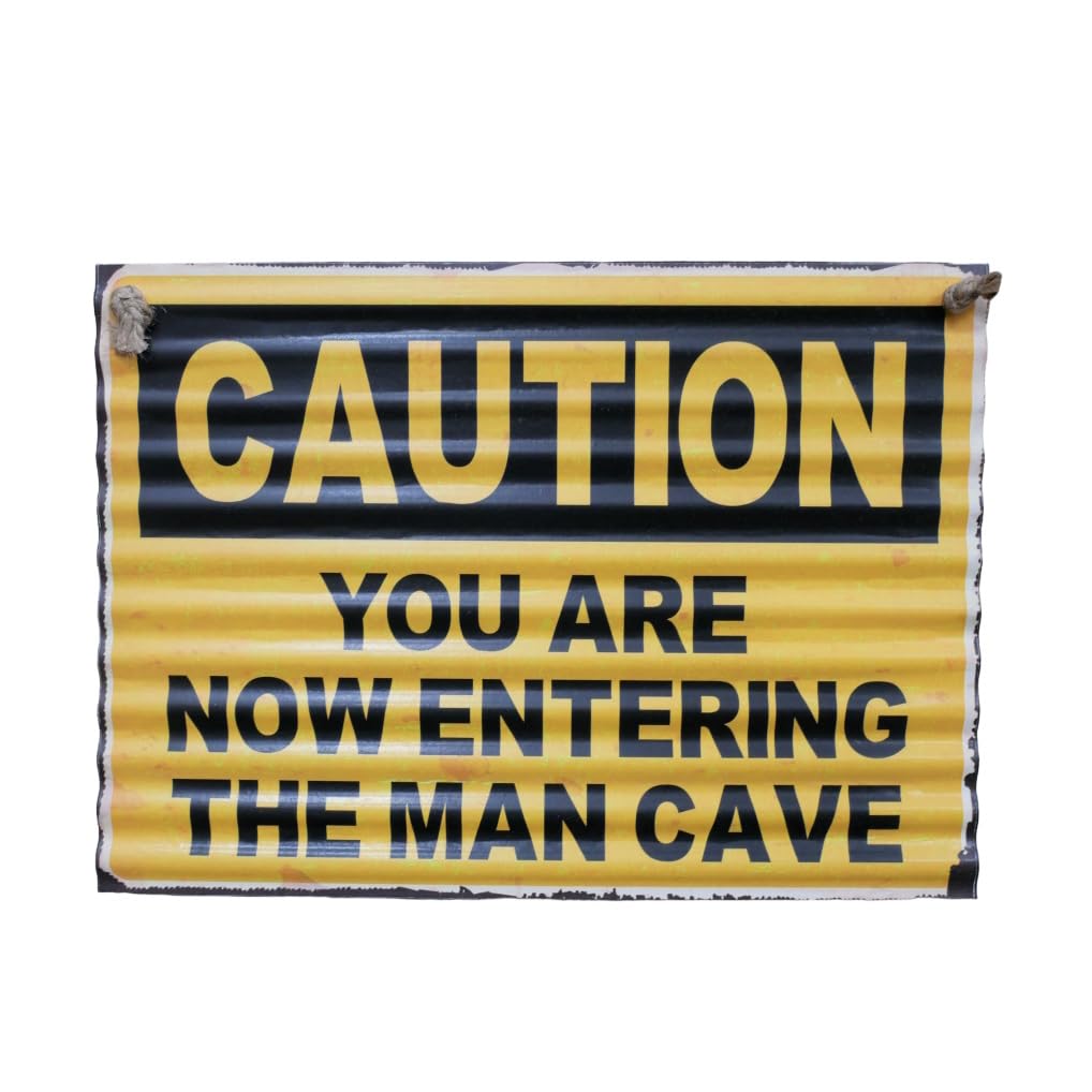 Corrugated Metal Hanging Rope Sign - 'Caution You Are Entering The Man Cave' Yellow Decorative Wall Sign for Home, Office, Shed or Garage Decoration