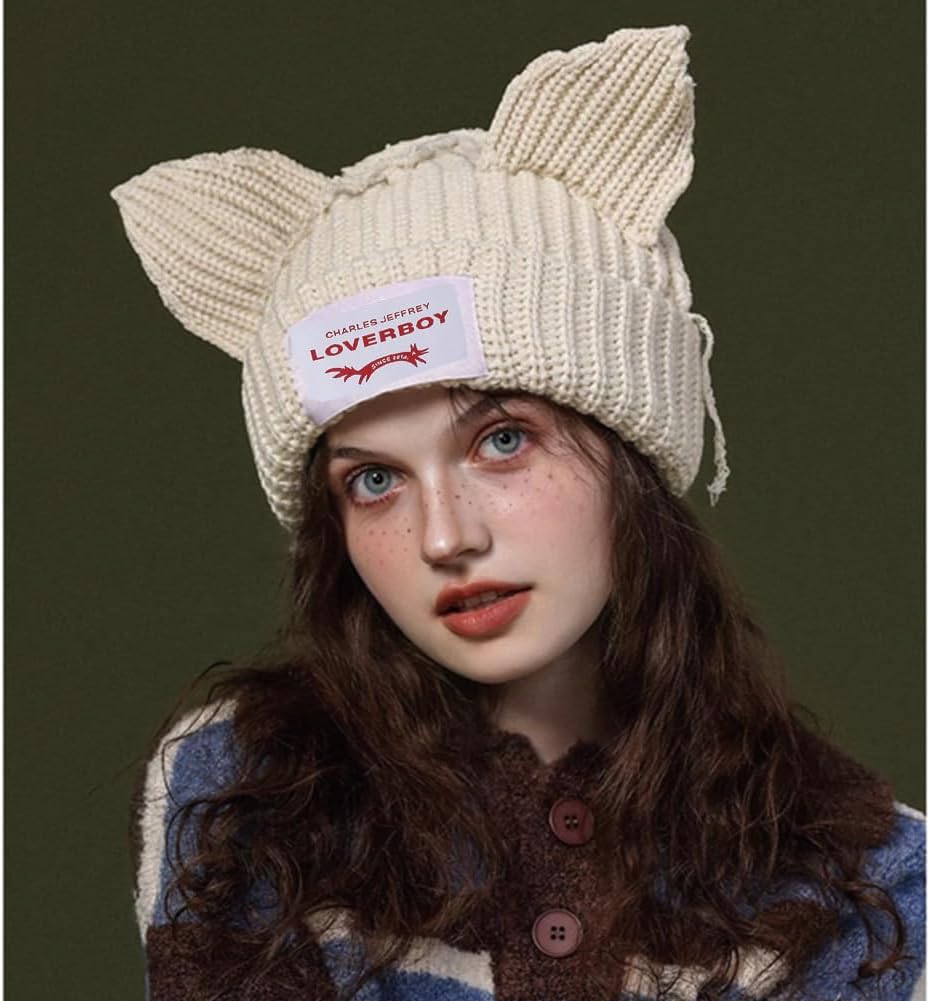 Womens Beanie Hat Winter Cuffed Knit Hats with Cat Ears Thick Warm Y2k Skull Caps Mens Ski Hat - Image 5