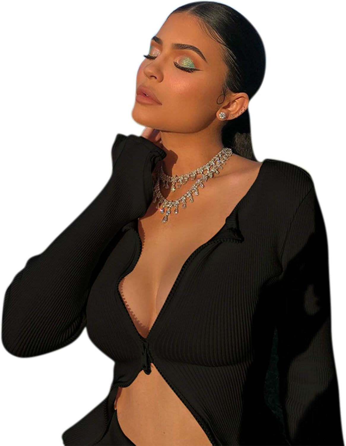 Women Sexy Ribbed Knitted Crop Top Double Zip Up Long Sleeve Tops T Shirt for Causal Party Streetwear - Image 2