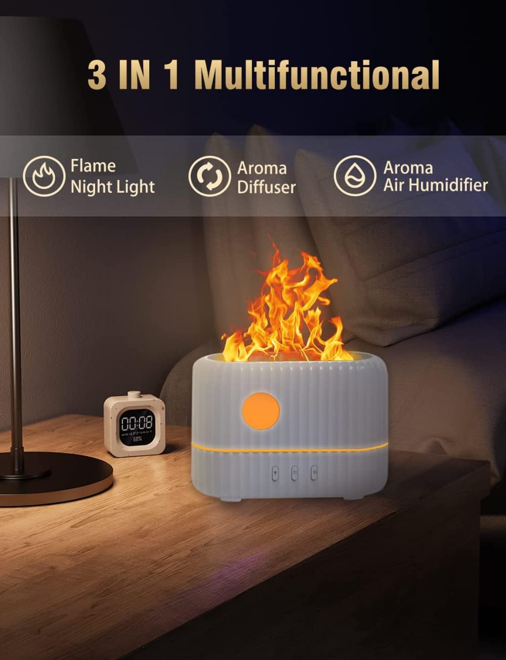 Difusor de aceites Esenciales con luz de Llama, 3 Modos de Intensidad de luz de Llama y 2 aromaterapia Ajustable con Ajuste de Niebla fría de 200ml, diseño portátil sin Agua (Gris/Blanco)-White