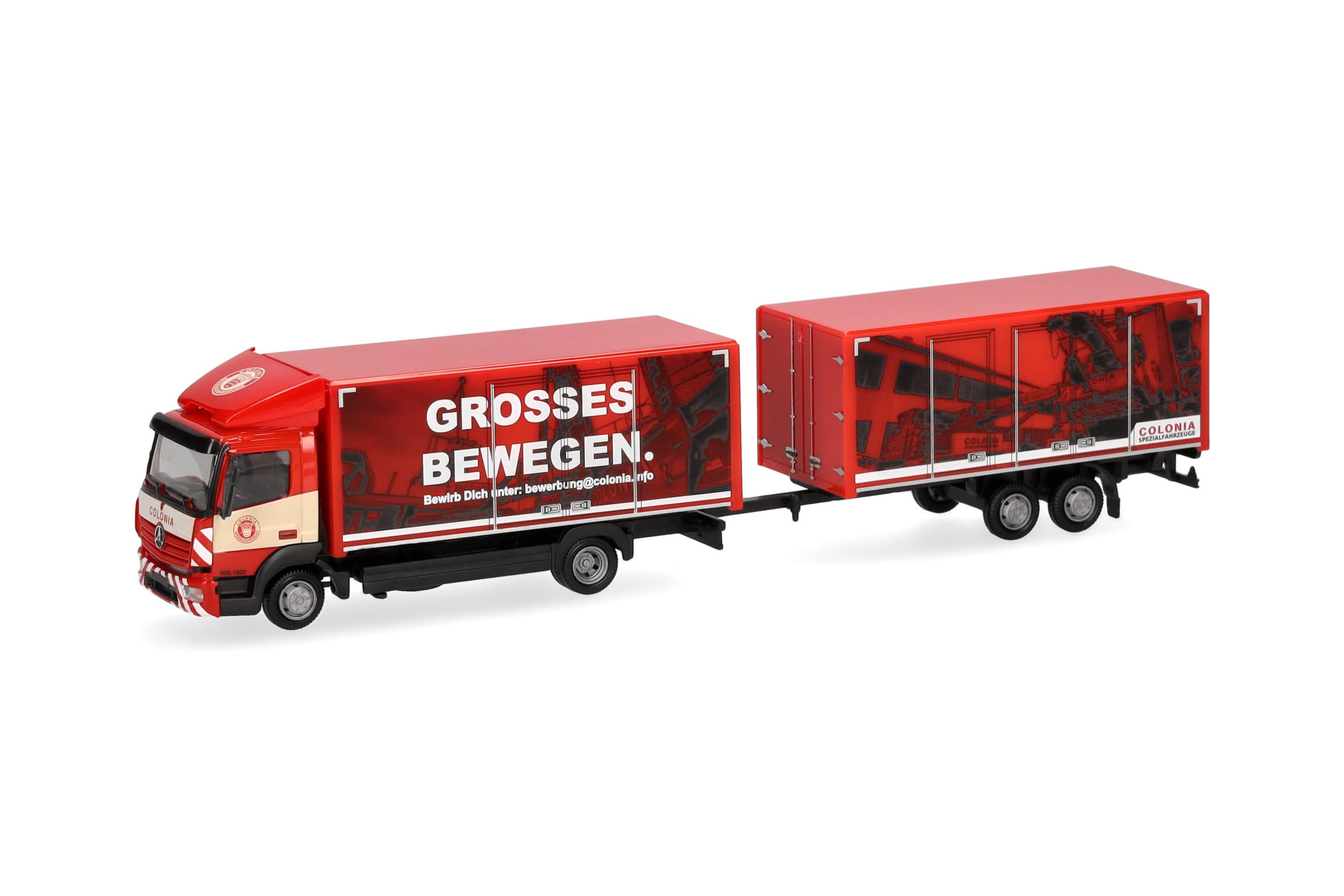 Herpa model ciężarówki Mercedes-Benz Atego 13 zestaw skrzyniowy "Colonia", miniatura w skali 1:87, model kolekcjonerski, wyprodukowano w Niemczech, tworzywo sztuczne