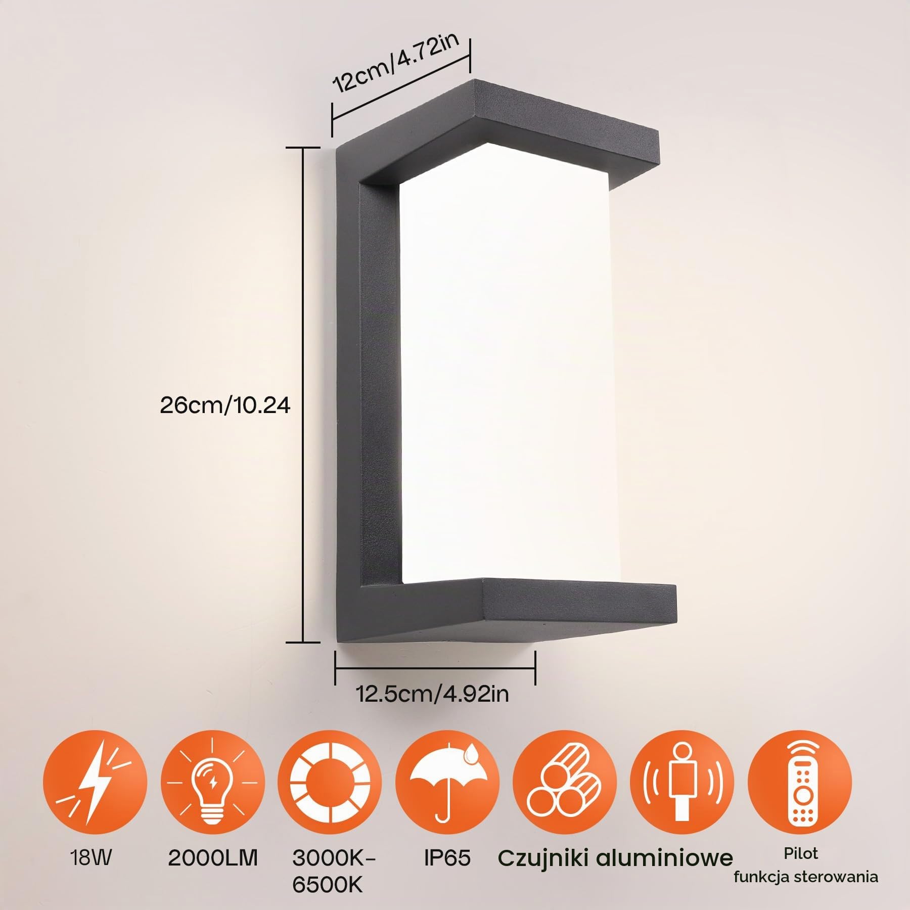 2 x lampa zewnętrzna 18 W z czujnikiem ruchu, IP65, lampa ścienna do wnętrz i na zewnątrz, z pilotem zdalnego sterowania, 3000 K-6000 K, możliwość ściemniania, 2000 lumenów, aluminiowa, do
