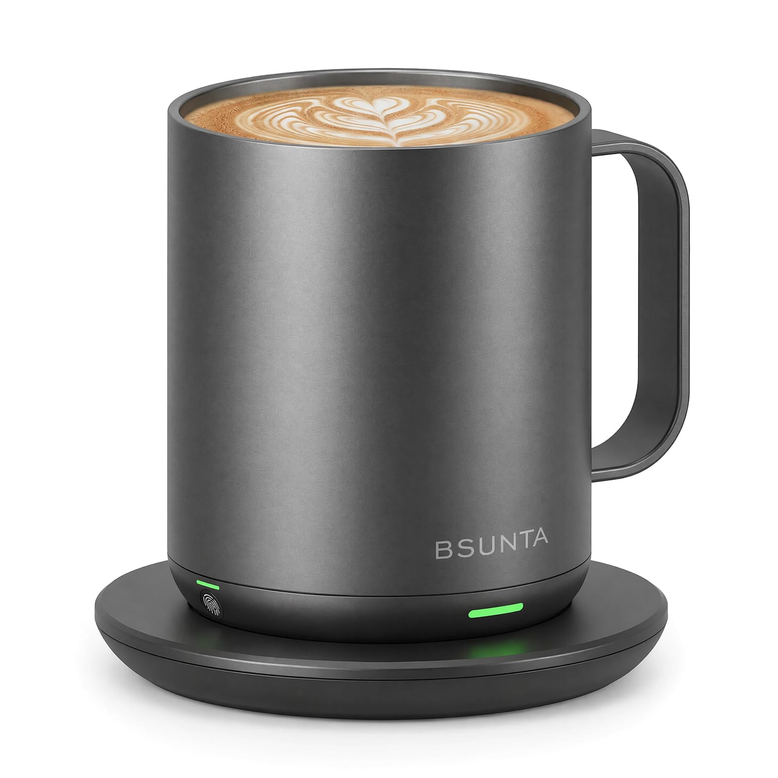 BSUNTA 16oz Self Heating Coffee Mug, Rechargeable Electric Heated Mug | 3 temperature settings, 6.6-hour battery life, With indicator light, No app required, With lid and charging coaster