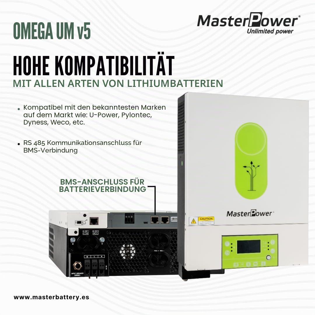 Master Power UM-V5 Hybrid-Wechselrichter, 6000 W, 48 V, MPPT 120 A, bis 6000 W, mit Doppelausgang für intelligentes Lademanagement + WLAN