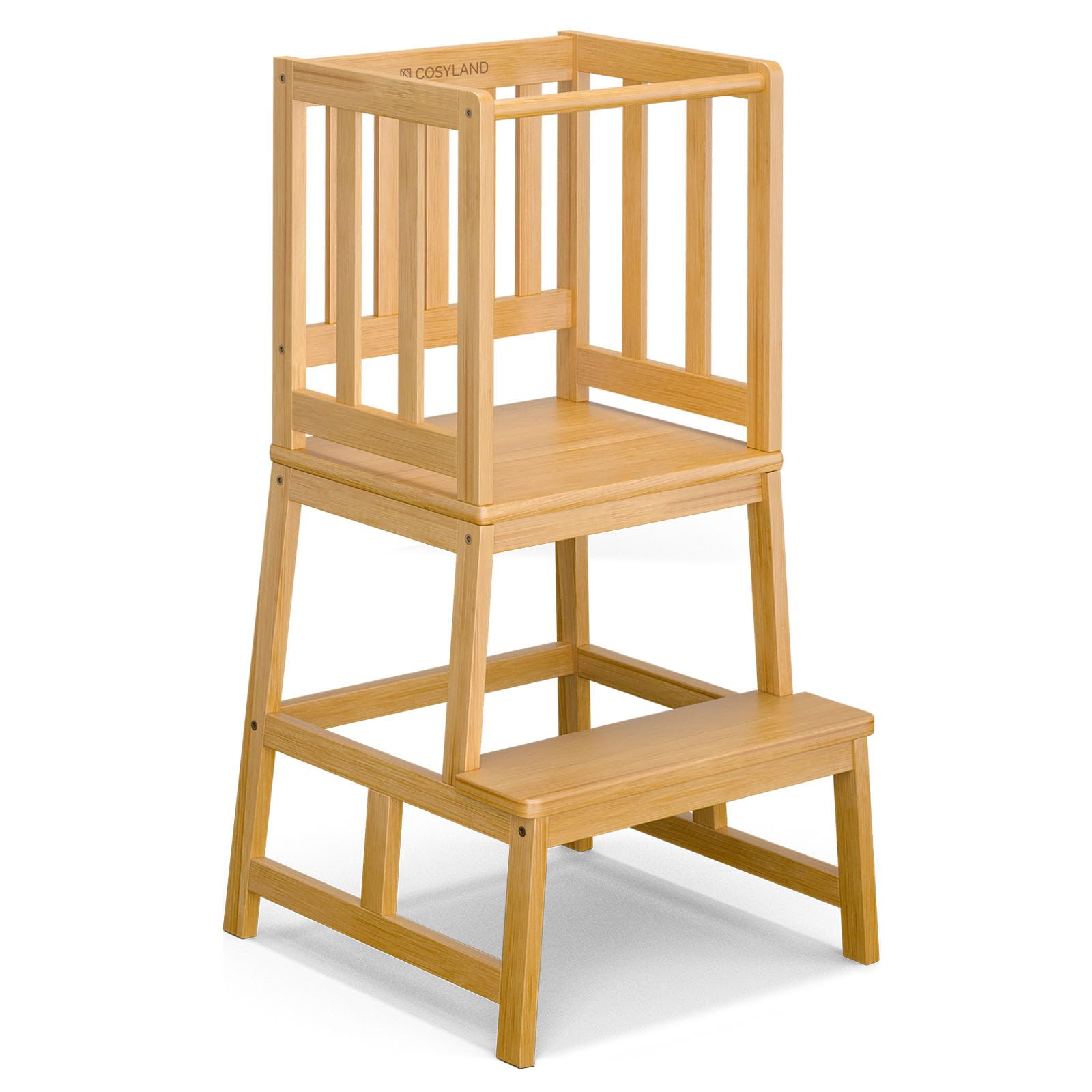 COSYLAND Torre Montessoriana Bambini – Torretta Montessoriana A Forma di “A” con Pedana Centrale Rinforzata – Torre Montessoriana da Cucina o Bagno, Convertibile in Doppio Sgabello (Naturale)