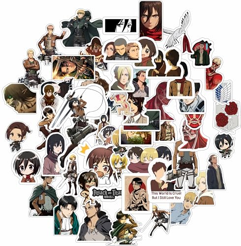 Image of LERITO Attack on Titan Sticker Pack, 55+ Pieces, Waterproof Vinyl Decals, Multicolour, for Laptop, Journal, Guitar, Mobile Phone