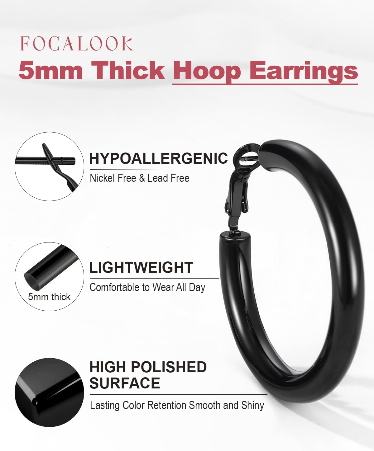 FOCALOOK Hoop Earrings for Women - Lightweight Large Hoops 14K Gold Chunky Earrings Hypoallergenic 5mm Thick Silver Black Hoop Earrings | Custom Name Jewelry 30mm 40mm 60mm 80mm - Image 5