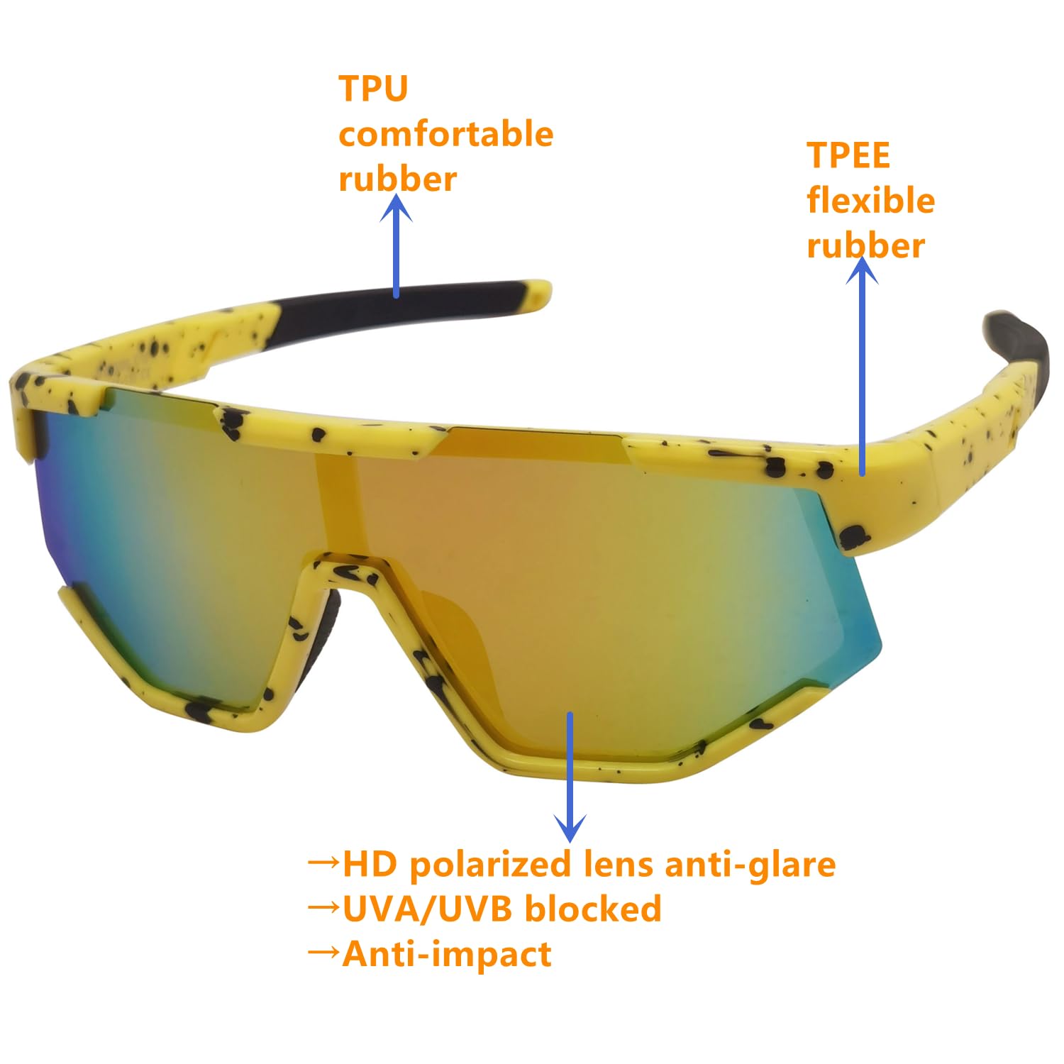 COOLSOME Kids Flexible Polarized Sunglasses with Strap Youth Sport Cycling Baseball for Boys Girls Age 6-12 (1, A|Spot yellow/mirrored, lens height/48mm)