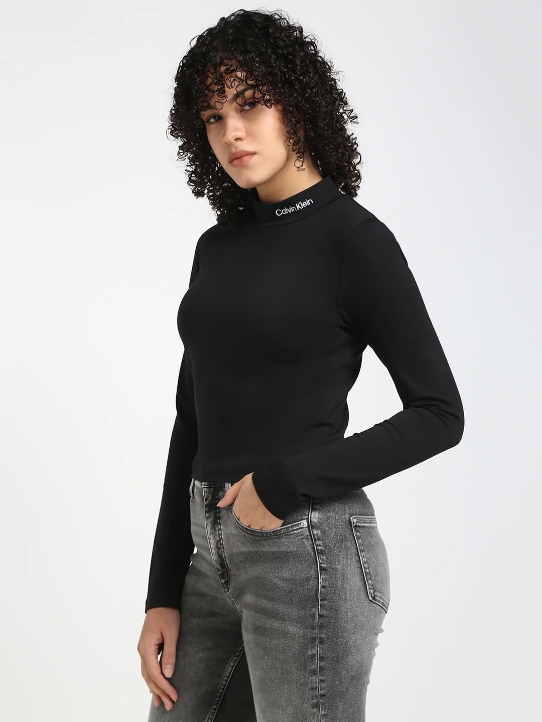 Calvin Klein Donna Maglietta Maniche Lunghe Milano Logo Elastic Top Collo a Lupetto