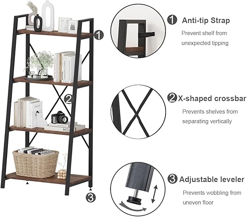 Miniatura 6 de BON AUGURE Árbol de pasillo con almacenamiento de zapatos, banco de entrada reversible 5 en 1 con estantería de escalera rústica de 4 niveles,