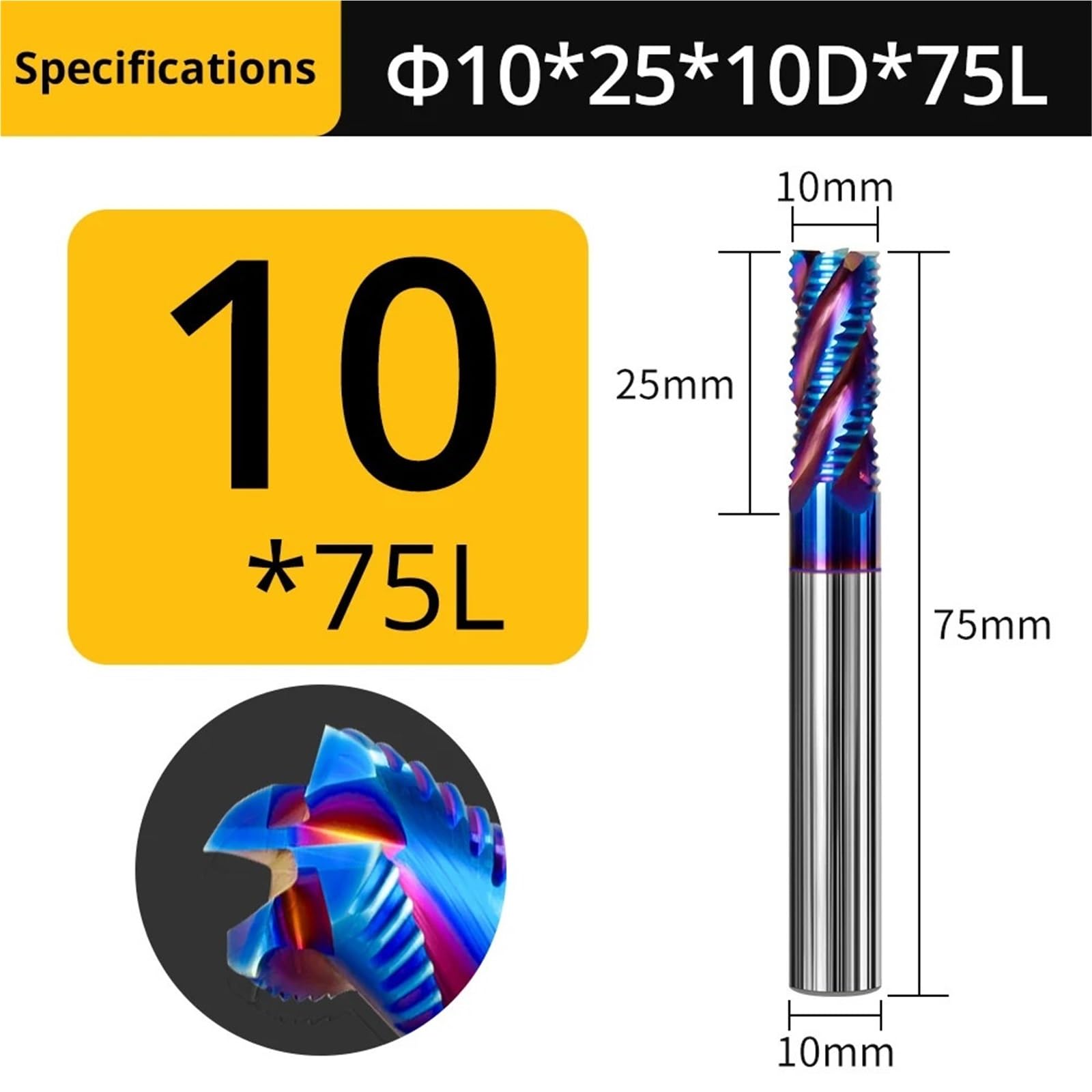 Fraiseuses, Fraise à ébaucher à spirale en carbure de tungstène, 4 dents, for machines-outils en métal, 6, 8 et 10 mm(D10x25xD10x75L)