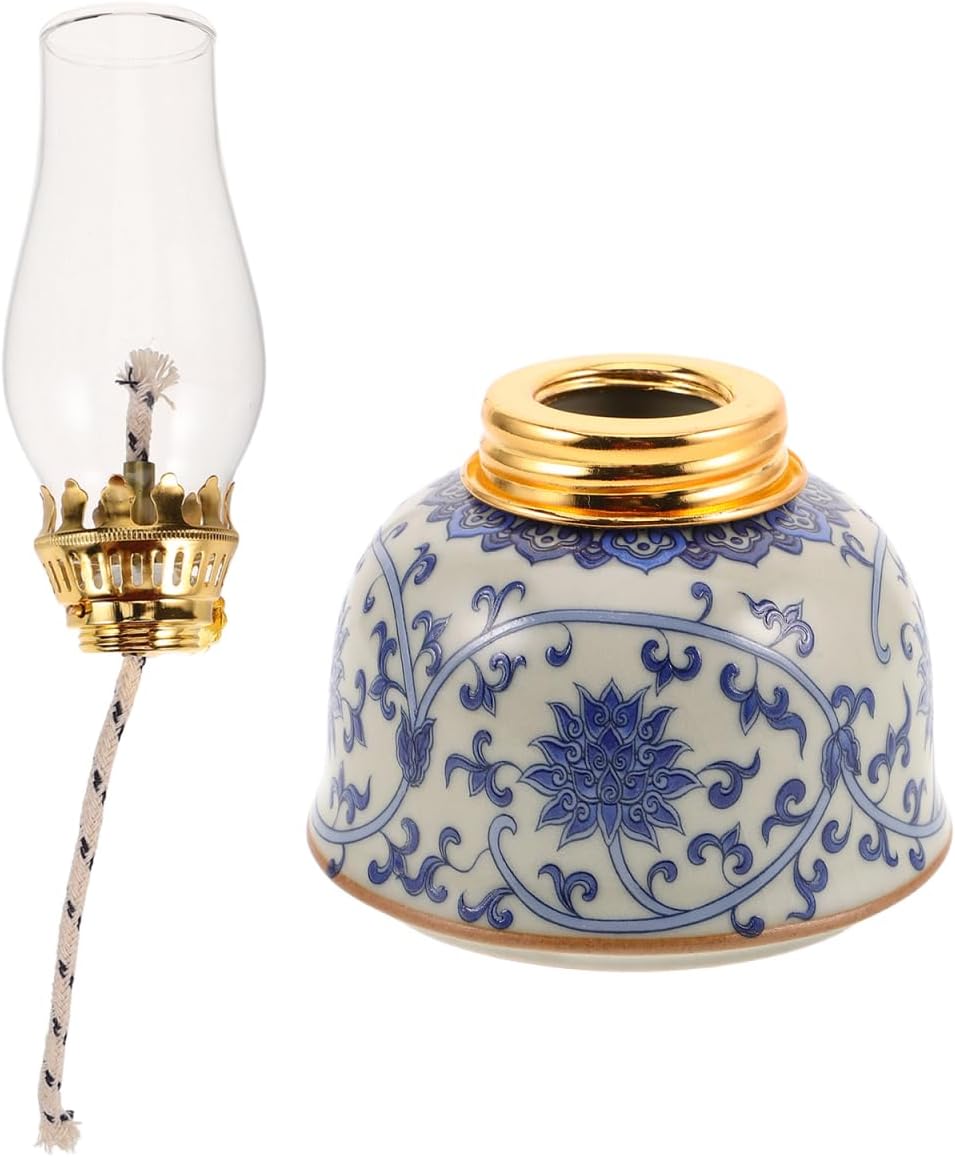 Ceramic Vintage Chamber Oil Lamp Classic Kerosene Lantern Antique Clear Hurricane Lantern with Adjustable Fire Wick with Golden Metal Regulator for Christmas Parties Decor or Home Travle Use