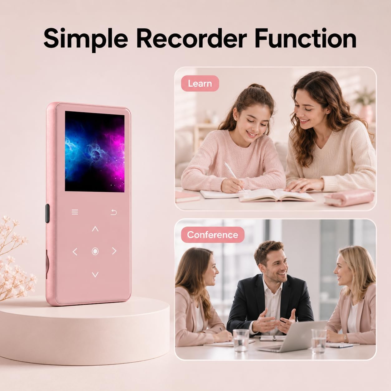 64GB MP3 Player with Bluetooth 5.2, AiMoonsa Music Player with Built-in HD Speaker, FM Radio, Voice Recorder, HiFi Sound, E-Book Function, Rose Gold