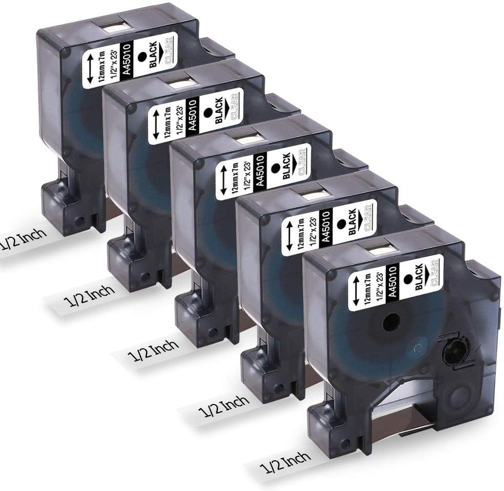 5-Pack Replace for Dymo 45010 S0720500 Black on Clear Label for Dymo d1 Label Tape,1/2 Inch x 23 Ft, Compatible with DYMO LabelManager 160 210D 260P 280 360D 420P 450D PnP, for ColorPOP!