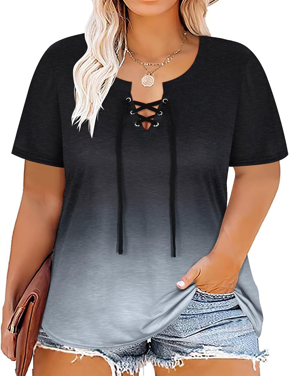 CARCOS Womens Plus Size Tops Short Sleeve Shirts V Neck Tunic Floral/Tie Dye/Solid Summer Tees XL-5X