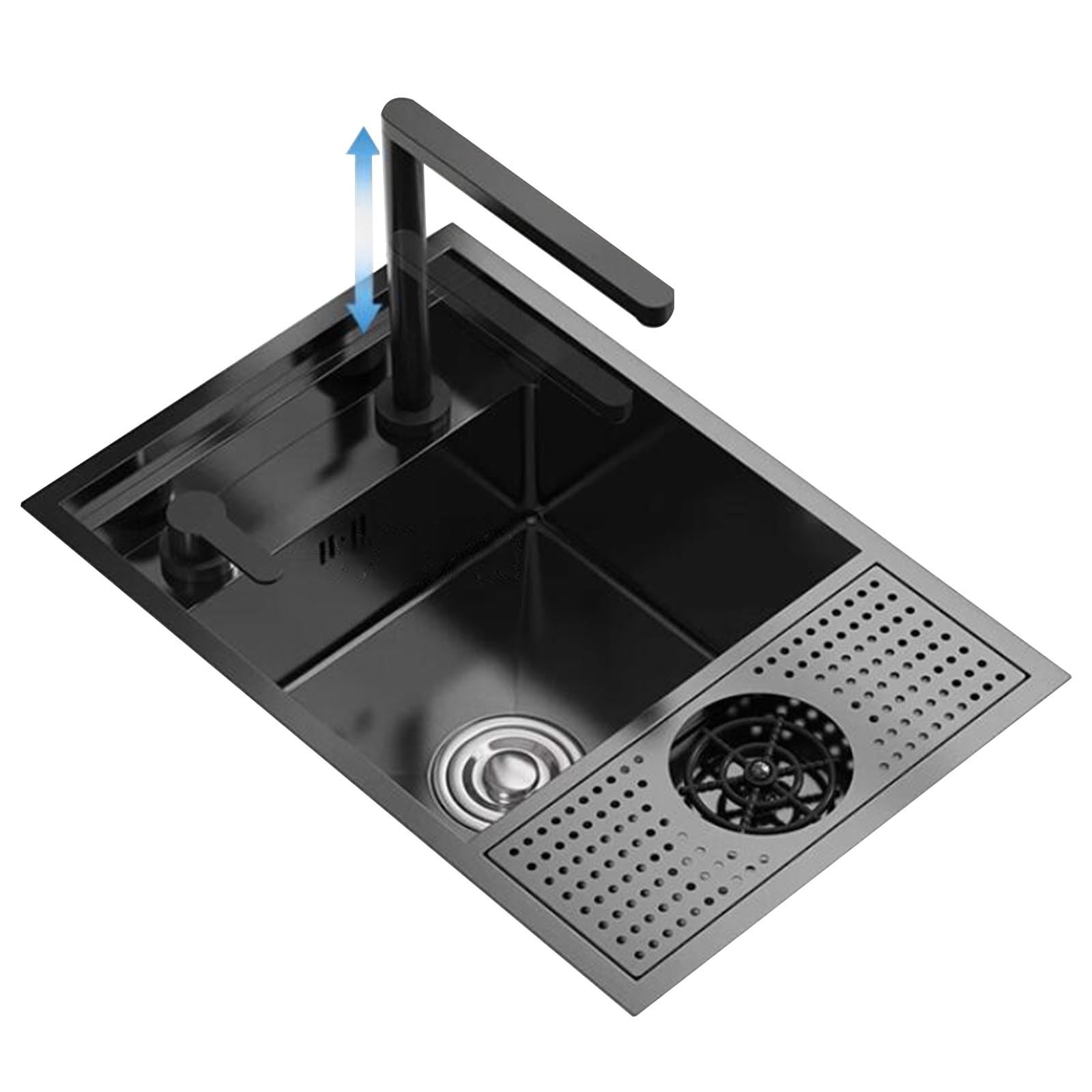 ZQFHSX Single Bowl Compact Bar Sink RV Kitchen Siphon Hidden Basin Stainless Steel Above-Counter Small with Foldable Faucet Commercial Coffee Shop Equipment Sink(60 * 40 22cm)