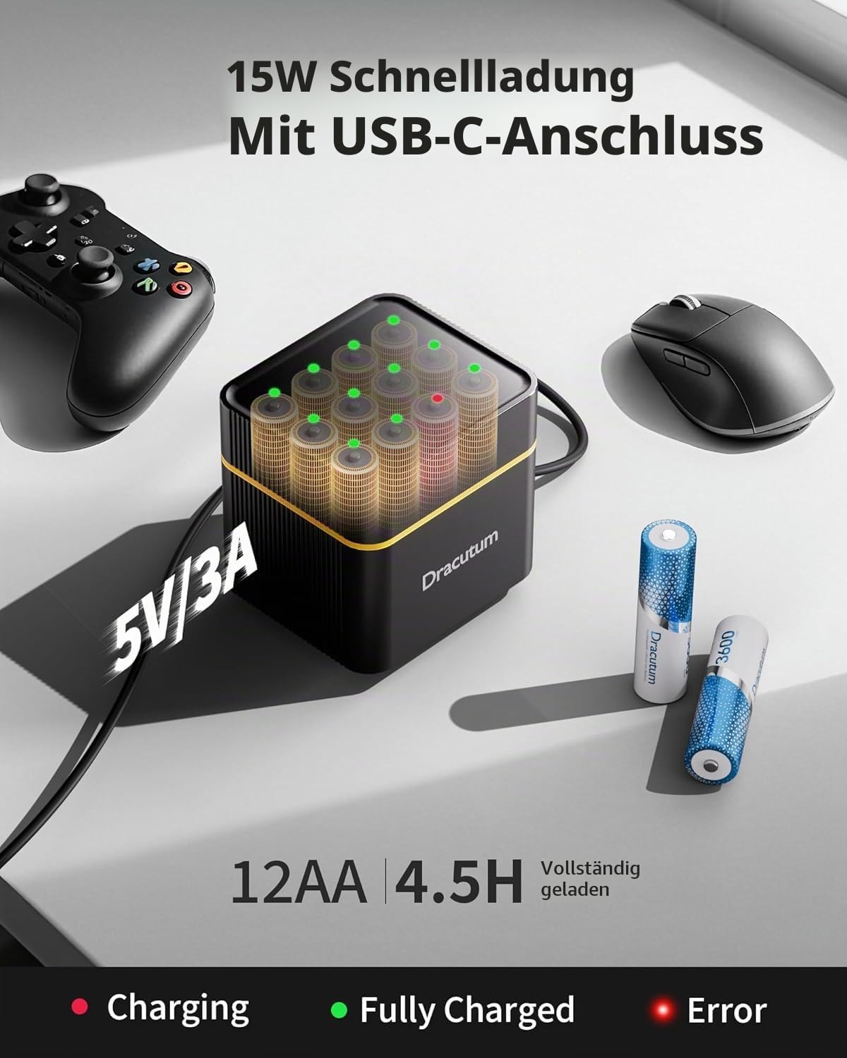 Wiederaufladbare AA Lithium Akkus 12 Pack mit Ladegerät, 1.5V 3600mWh Hohe Kapazität Wiederaufladbare AA Akkus, 2000 Zyklen Lang anhaltende Li-Ion Doubel A Batterien