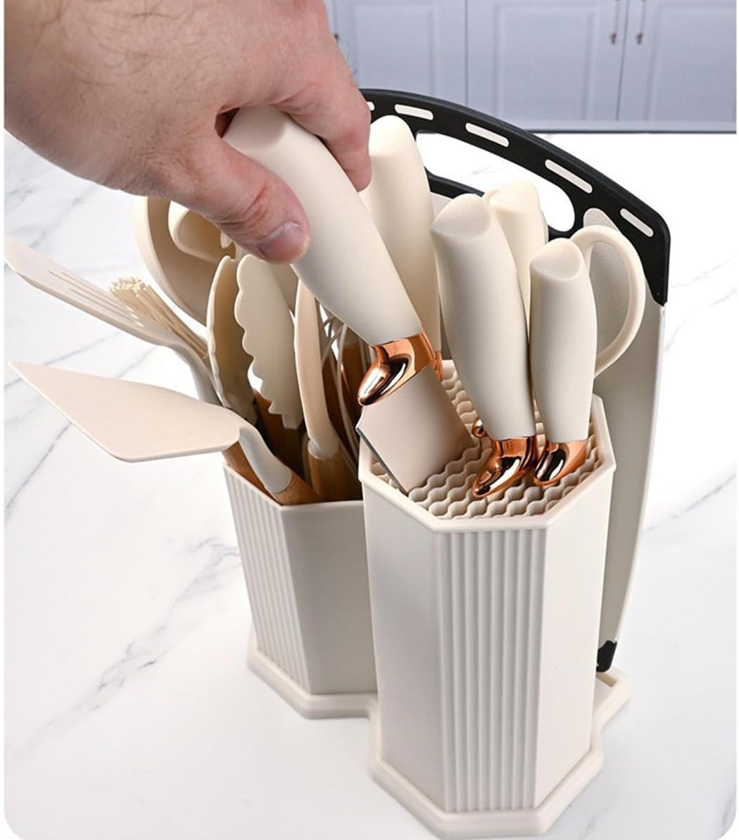 Kitchen Cooking Utensils and Knife Set with Holder Block, 19 Pieces Cooks Cutting Set 11 Pcs Silicone Cooking Utensils Sharp Stainless Steel Knives Scissors Whisk Tongs and Cutting Board (Purple)