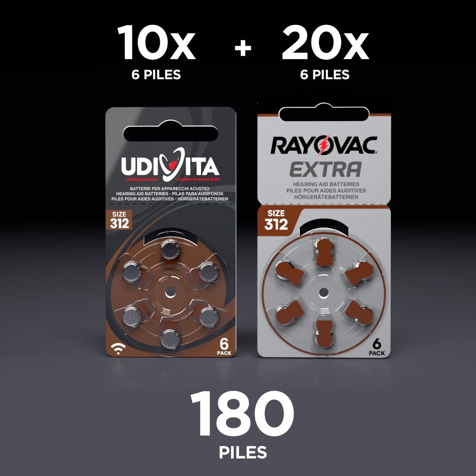 180 Piles Taille 312 pour Les Aides auditives PR41 (Marron - Zinc Air) avec la Technologie Phono Pulse pour amplificateur auditif - 180 Piles: 60 Udivita + 120 Rayovac