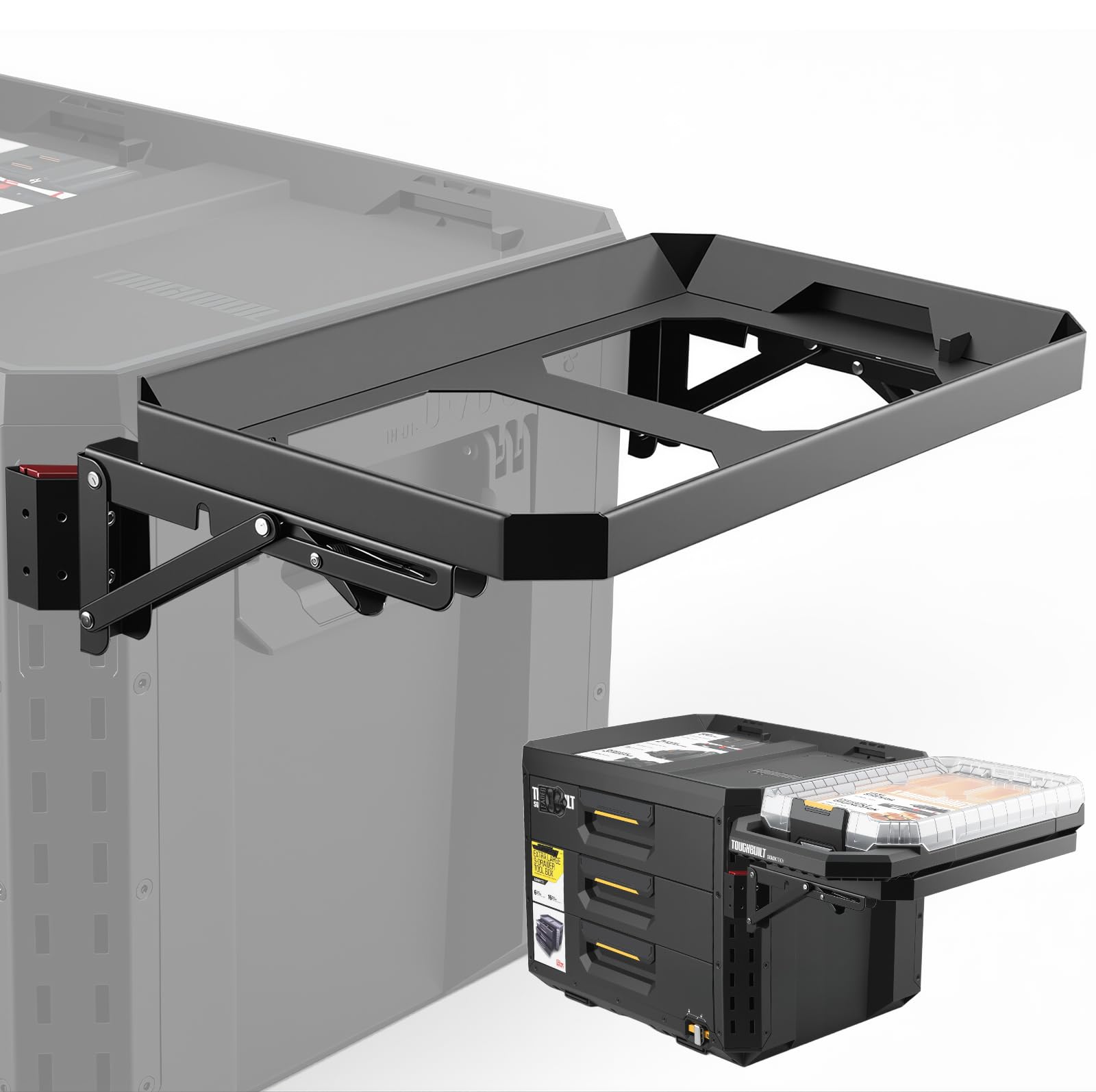 Klappbare Montageplatte kompatibel mit ToughBuilt StackTech Compact Werkzeugkoffer & Werkzeugtasche – Seiten-Rail Halterung, bohrfreie Erweiterungsplatte für modulare Werkzeug-Organizer