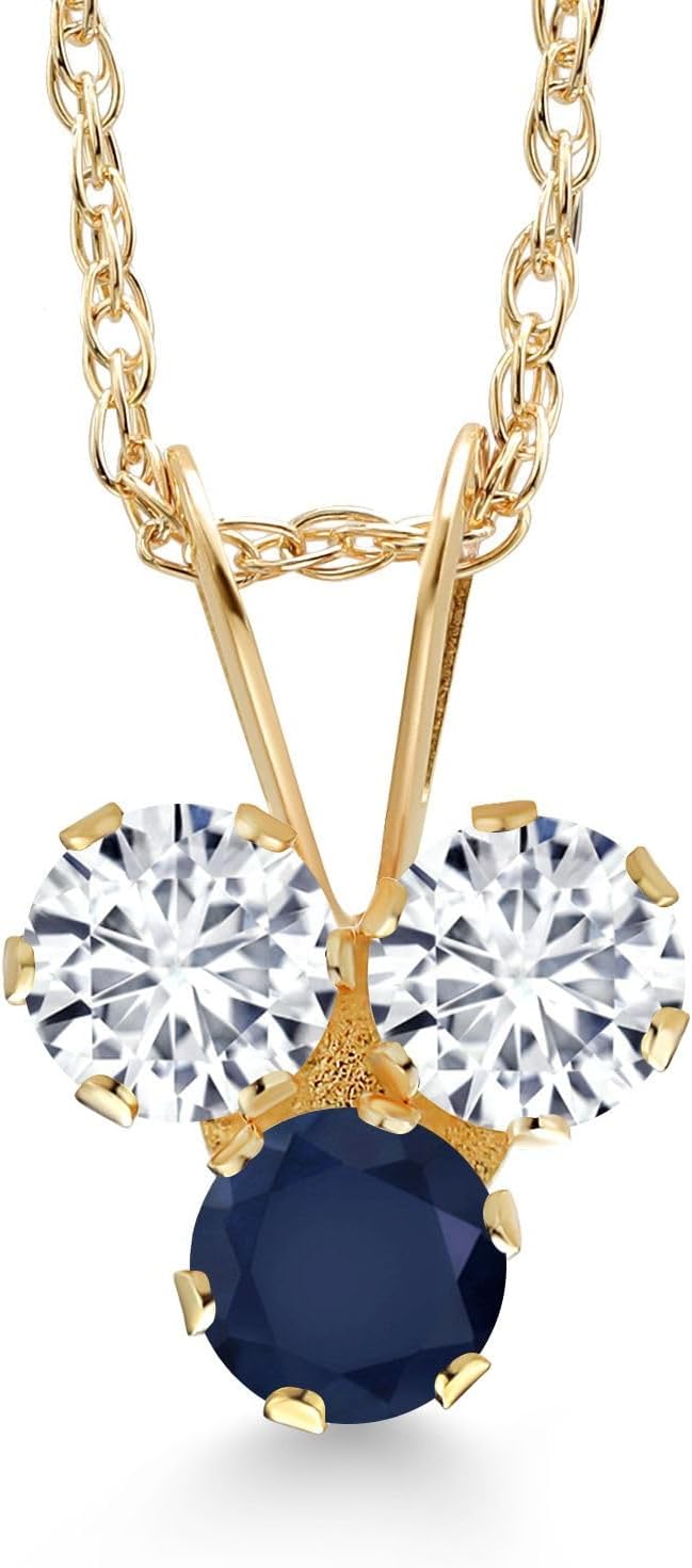 Gem Stone King 14K Yellow Gold White Lab Grown Diamond and Blue Sapphire 3-Stone Pendant Necklace For Women (0.35 Cttw, Gemstone April Birthstone, Round 3MM, 18 Inch Chain)