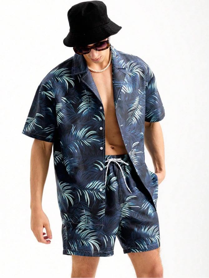 Image of GRECIILOOKS Men's Co Ord Set |Printed Shirt and Shorts Set for Men |Summer Loungewear, Beachwear & Night Suit for Daily Comfort | Nightwear Set for Mens