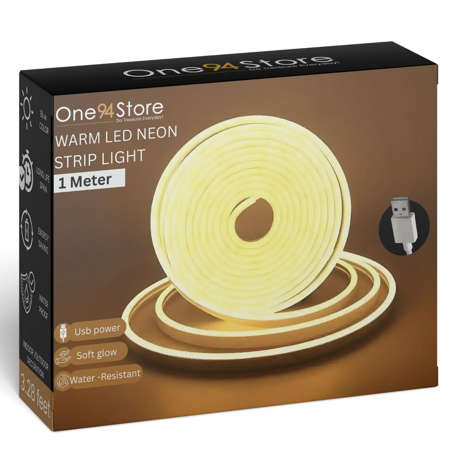 One94Store LED Neon Strip Light 1M – Warm White | USB Powered, Flexible Waterproof Rope Light DC 5V with Button Switch | Ambient LED Lighting for Home, Bedroom, DIY Decor, Party & Gaming Room