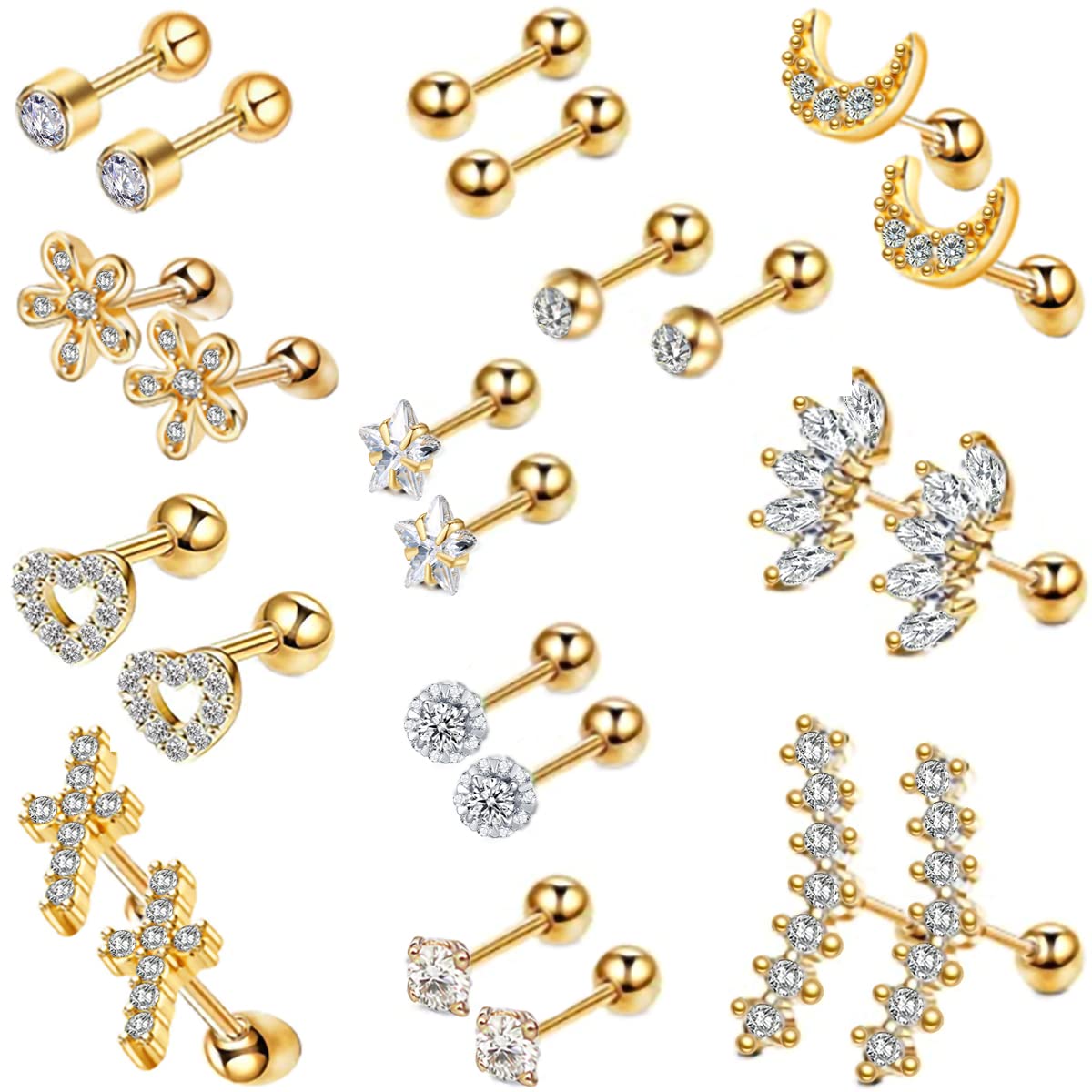 ZEACCT 12 Pares de Pendientes de Acero Inoxidable Pendientes de Tuerca Hipoalergénico Hélice de Pendientes Pendientes Cartílago EspiralMujer Zirconia Pendiente Piercings de Oreja Joyería (Dorado)