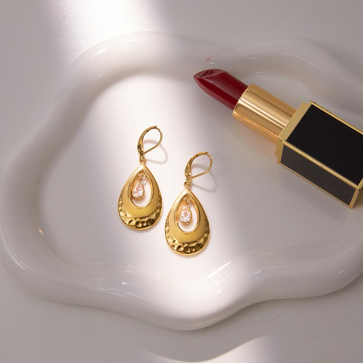18K Gold Plated Teardrop Dangle Earrings For Women CZ Zirconia Hammered Layer Drop Dangle Earrings Jewelry Hypoallergenic Boho Teardrop Lever back Dangle Earings for Jewelry Gifts - Image 4