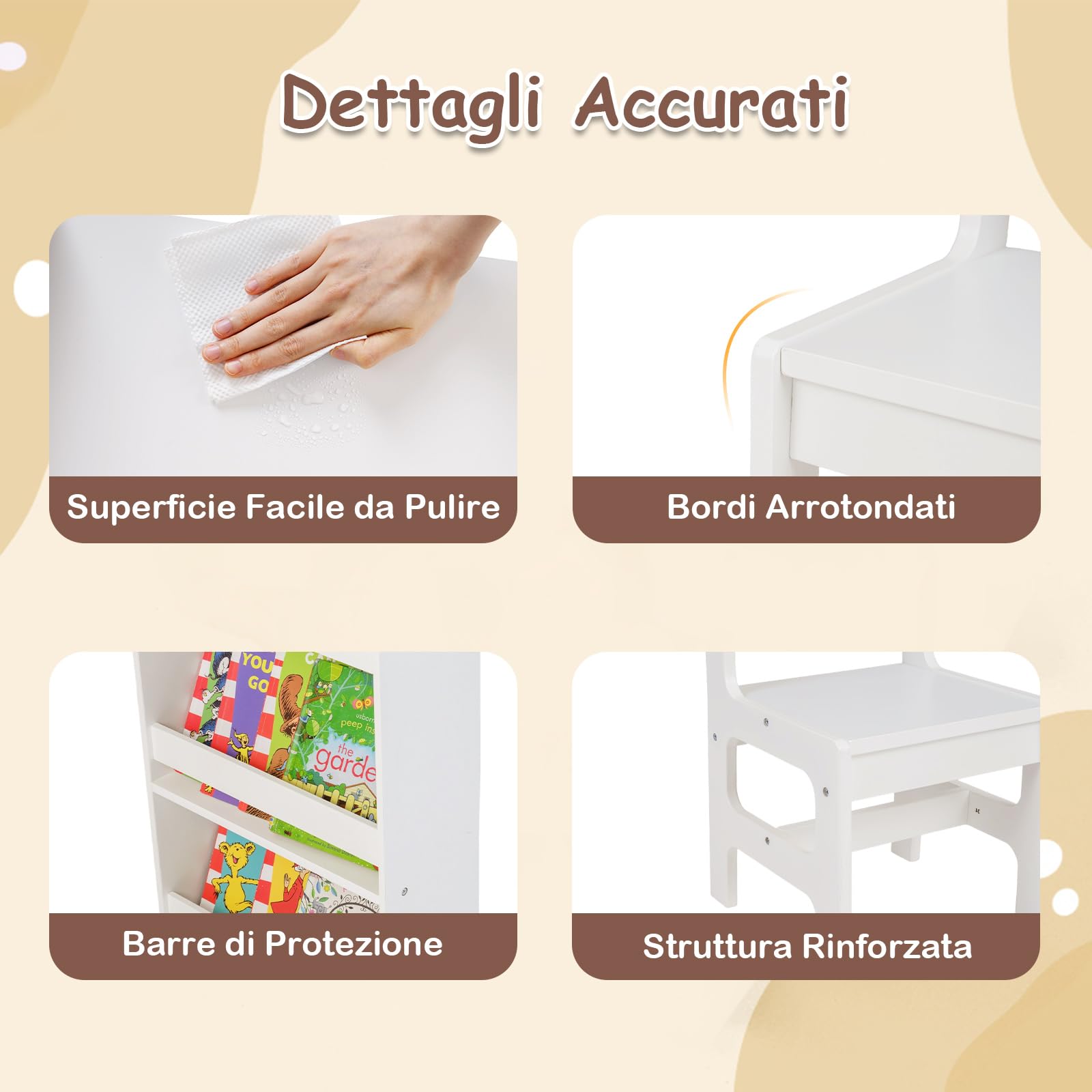 COSTWAY Set Tavolo e Sedia per Bambini 3+ con Porta Rotolo Carta Rimovibile
